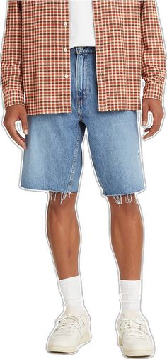 Five-pocket Summer Shorts, Medium Wash Cutoff Shorts With Five Pockets, Spring Shorts With Five Pockets, Mid-rise Shorts With Hip Pockets For Spring, Spring Mid-rise Shorts With Hip Pockets, Denim Knee-length Shorts With Belt Loops, Relaxed Fit Jean Shorts With Hip Pockets For Spring, Levi's Medium Wash Bottoms, Dark Wash Short Leg Bottoms For Spring