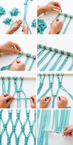 the steps to make a macrame wall hanging with yarn and wood pegs