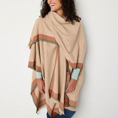 Get cozy in cooler temps with this Liz Claiborne women's wrap. Made from a soft woven blend, this large wrap has a fringed trim and a plaid border for a stylish finish. Wear it over a sweater with jeans. Scarf Length: 70 InScarf Width: 50 InFiber Content: 100% PolyesterFabric Description: WovenCare: Hand WashCountry of Origin: Imported One Size Beige Scarves For Fall, Cozy Fringed Scarves For Fall, Fall Beige Outerwear With Scarf, Beige Wrap For Fall, Cozy Beige Shawl For Fall, Beige One Size Winter Wrap, Beige Fringed Shawl For Winter, Beige Shawl Wraps For Winter, Beige Fringed Winter Shawl