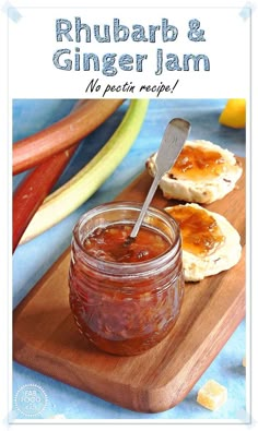 a jar of rhubarb and ginger jam on a cutting board