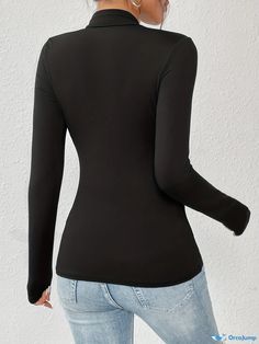 Orcajump - Solid Color Mock Neck T-Shirt, Versatile Long Sleeve T-Shirt For Spring & Fall, Women's Clothing Casual Black Turtleneck T-shirt, Basic Black T-shirt For Winter, Solid Color High Stretch Turtleneck Top, High Stretch Solid Color Turtleneck Top, Stretch Turtleneck Tops In Solid Color, Stretch Solid Color Turtleneck Tops, Basic Solid T-shirt With Snug Fit, Fitted Plain Tops For Winter, Basic High Stretch Solid Color Tops