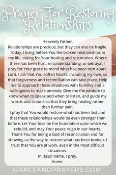 the prayer for restoring relationss with an image of someone holding their hand up in front of them