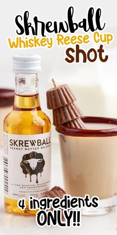 a bottle of whiskey next to a bowl of ice cream and a cup of hot chocolate