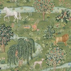 an image of a painting with animals in the grass and trees on it's side