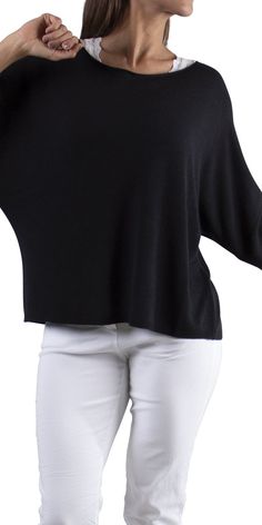 Lightweight Boat Neck Sweater. Soft to Touch. 3/4 Batwing Sleeves. Generous Fit. 55% Modal 45% Acrylic One Size Fits Most Model 5'7" Made in Italy Chic Black Boat Neck Top, White Stretch Boat Neck Top, Black Boat Neck Sweater, Boat Neck Long Sleeve Shirt, Casual Fitted T-shirt With Boat Neck, Boatneck Sweater, Neck Sweater, Boat Neck, Batwing Sleeve