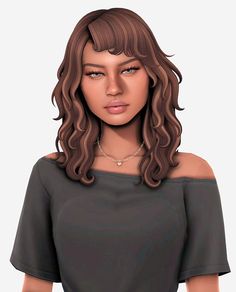 an animated image of a woman with long brown hair and wearing a black top,