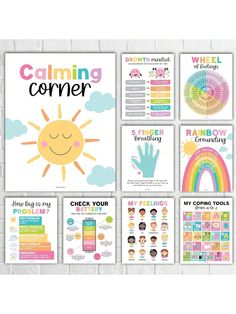 a bulletin board with pictures of children's activities and the words calming corner on it