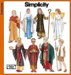 Beautiful nativity costumes for children are easy to make with this pattern by Simplicity. Pattern includes designs for Mary and Joseph, angels, shepherds, and wisemen. Sizes are S (2-4) M (6-8) and L (10-12) Biblical Costumes, Nativity Costumes, Christmas Pageant, Girls Costumes, Costume Sewing Patterns, Angel Costume, Christmas Play, Christmas Nativity Scene, Costume Patterns