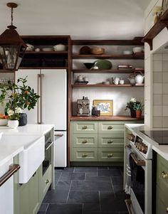 a kitchen with green cabinets and white counter tops is pictured in this image, there are plants on the shelves above the stove