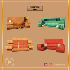 four different types of couches and tables in the same style, from low to high