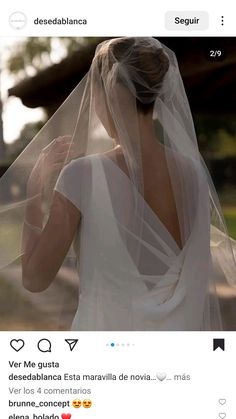 the back of a woman's wedding dress, with her veil draped over her head