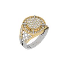 This dual-tone diamond signet ring is made from the finest solid gold and round brilliant cut diamonds. The ring has a cluster of round brilliant-cut diamonds in the center with a metal rim surrounding it, followed by a halo of round diamond. The shank has a cut out pattern and two rows of round diamonds. ✦ 𝐒𝐭𝐨𝐧𝐞 𝐃𝐞𝐭𝐚𝐢𝐥𝐬✧ Stone Shape: Round✧ Diamond Weight: 1.35 CT✧ Number of Diamonds: 55✧ Stone Type: Lab Grown Diamond✧ Diamond Clarity: VS1+ Clarity✧ Diamond Color: E-F ✦𝐑𝐢𝐧𝐠 𝐃𝐞 Luxury Cubic Zirconia Signet Ring With Halo Setting, White Diamond Round Signet Ring, Luxury Pave Setting Round Signet Ring, Luxury Round Pave Setting Signet Ring, Luxury Round Signet Ring With Pave Setting, Luxury Signet Ring With Pave Setting, Luxury White Gold Signet Ring With Halo Setting, Luxury Diamond White Diamond Signet Ring, White Gold Signet Ring With Pave Setting