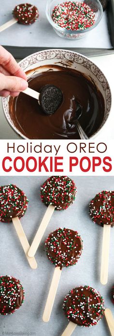 homemade holiday oreo cookie pops with chocolate and sprinkles on sticks in the middle