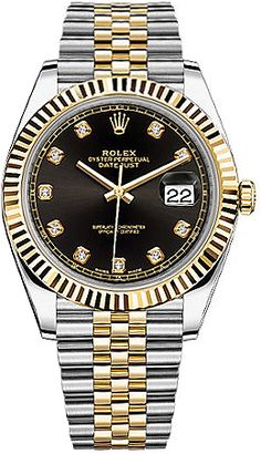 126333 | M126333-0006 ROLEX DATEJUST 41 MEN'S AUTOMATIC WATCH - With Manufacturer Serial Numbers - Swiss Made - Black Dial Set with Diamonds - Solid 18k Yellow Gold Fluted Bezel - Date Feature - 70 Hour Power Reserve - Self-winding Automatic Movement - Rolex Calibre 3235 - 6 Year Warranty - Guaranteed Authentic - Certificate of Authenticity - Manufacturer Box & Manual - Polished 904L Oystersteel Stainless Steel Case - Polished Solid 18k Yellow Gold and 904L Oystersteel Stainless Steel Jubilee Bracelet - Scratch Resistant Sapphire Crystal - 100 Meters / 330 Feet Waterproof - 41mm = 1 5/8" Case, Will Fit up to 7.5" Wrist - Screw Down Crown & Case Back - Deployment Buckle - Free Bracelet Sizing     Also Known As Model # 126333-BLKDJ Rolex Presidential, Rolex Diamond Watch, Stacked Bracelets, Rolex Milgauss, Rolex Diamond, Buy Rolex, Diamond Watches For Men, Swiss Army Watches, Rolex Watches For Men