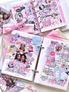 an open pink and white scrapbook with pictures on it