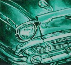 a drawing of an old car with the hood up and headlight turned green in color