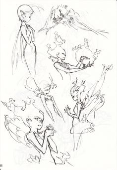 some cartoon character sketches from the animated movie, tinkerbell and other characters are shown in