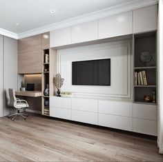 a living room filled with furniture and a flat screen tv mounted on a wall above a desk