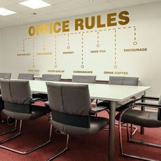 an office boardroom with chairs and a large wall sign that says office rules on it