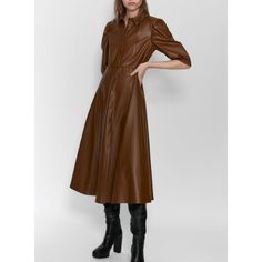 Genuine Zara New With Tag Material: Vegan Leather Color: Brown Midi Length Dress With Pockets. Classic And So Chic For Cooler Seasons Shirtdress Outfit, Faux Leather Shirt, Leather Shirt Dress, Brown Leather Dress, Leather Trend, Leather Midi Dress, Shirt Dress Outfit, Dress Zara, Faux Leather Dress