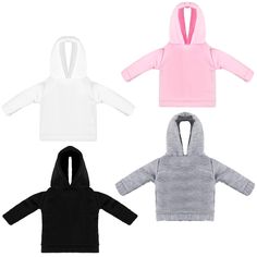 three different colored hoodies on white, pink, and grey ones are facing each other