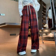 Japanese Korean Style Wide Leg Pants Red Retro Checkered Casual Pants Women Tall Wide Leg Pants High Waist Red Pants For Fall, Casual Full-length Red Pants, Casual Red Full-length Pants, Red Wide Leg Pants With Pockets For Fall, Red Wide-leg Pants For Fall, Fall Red Wide-leg Bottoms, Casual Red Wide Leg Pants, Full Length, Casual Red Wide Leg Pants, Casual Red Wide Leg Full Length Pants