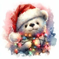 a white teddy bear wearing a red santa hat and holding a string of christmas lights