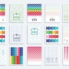 six different colored cards with the word hub on them, all in different colors and patterns