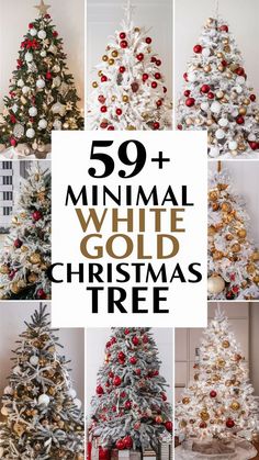 white christmas tree with red and gold ornaments on it, including the words'50 minimal white