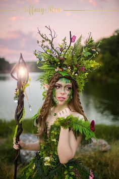 A magical flower branch antler HEADDRESS with butterflies, handmade mushrooms, vines and ferns in lush greens.  Ideal for an Earth Goddess, Jungle Queen, a woodland wedding, fairy cosplay, photo shoots and special events. This large statement jungle headdress, is a rain forest green headdress with green branches resembling antlers stemming out. There are also realistic looking butterflies, vines and mushrooms scattered throughout. This very detailed piece definitely makes a statement and leaves Mother Nature Cosplay, Gaia Goddess Costume, Mother Earth Costume Diy, Mother Earth Halloween Costume, Fairy Garden Costume, Mother Earth Makeup, Forest Headpiece, Mother Earth Costume, Mother Nature Costume Makeup