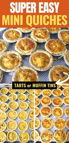 mini quiches on a baking tray before and after baking Easy Mini Egg Quiches, Breakfast Mini Pies, Ham And Cheese Mini Quiche Tarts, Mini Cheese Quiche, Recipes With Mini Pie Crust, Recipes Using Mini Pie Shells, How To Make Mini Quiche, Pillsbury Mini Pie Crust Quiche, Homemade Mini Quiche