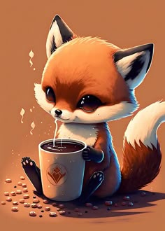 a red fox sitting on the ground drinking out of a cup with coffee beans scattered around it