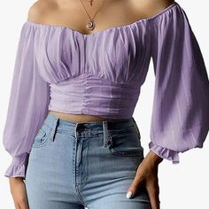 Never Worn, Brand New Size Xxl Lavender Off The Shoulder, Somewhat Cropped Angelcore Fashion, White Blouse Designs, Tutu Women, Shoulder Puff Sleeve, Lantern Sleeve Top, Flare Long Sleeve, Casual Shirt Women, Puff Long Sleeves, Edgy Style