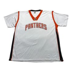 a white shirt with an orange and black stripe around the chest that says,'panthers '