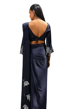 Navy blue pre-draped organza frilled saree. Paired with a blouse with crystal droplet embellished bell sleeves. - Aza Fashions Formal Draped Silk Sets, Elegant Draped Silk Sets, Silk Blouse Piece With Draped Sleeves For Party, Fitted Silk Blouse Piece In Pre-draped Style, Fitted Silk Pre-draped Saree With Draped Sleeves, Elegant Silk Saree With Draped Sleeves, Silk Draped Sets For Evening, Fitted Silk Saree With Cape Sleeves, Silk Draped Evening Set