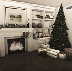 a living room with a christmas tree in the corner