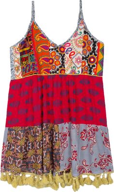 A lovely, bright and fun summer dress with multi-pattern print, sleeveless style and pom-poms! Just the refresher you need, this midi rayon dress has adjustable straps, a v-neck and printed Indian patterns all over. It has a smocking in the back, buckle in the strap and is lined at the bust. #tlb #Sleeveless #beachwrap #MidiDress #BabyDollDress Bohemian Patchwork Sundress For Vacation, Multicolor Mixed Print Sleeveless Dress, Multicolor Sleeveless Dress With Mixed Print, Sleeveless Patchwork Dress For Festivals, Casual Sleeveless Mixed Print Dress, Casual Sleeveless Dress With Mixed Print, Multicolor Sleeveless Sundress For Festival, Sleeveless Multicolor Sundress For Festivals, Multicolor Sleeveless Boho Print Sundress