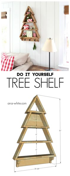 a diy christmas tree shelf made out of wood with text overlay that says do it yourself