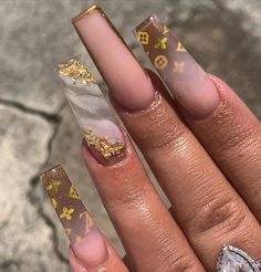 Lv Nails, Acrylic Nails Nude, Nails With Gold, Brown Acrylic Nails, Brown Nails Design, Nails Designer, Nails Brown, Brown Acrylic