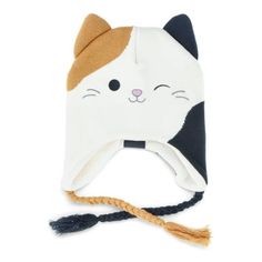 a white and black hat with a cat on it's side, tied to a rope