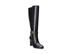 LAUREN Ralph Lauren Manchester - Women's Shoes : Black : Walk with confidence and style wearing the LAUREN Ralph Lauren Manchester. This pair of knee-high boots feature leather upper and padded insole for all day wearing. It has side zippered closure for easy on and off. Leather, cotton, polyurethane lining. Ankle strap with engraved buckle design. Almond toe design. Block heel. Rubber outsole. Imported. Measurements: Heel Height: 3 1 4 in Circumference: 14 1 4 in Shaft: 15 in Product measurements were taken using size 7, width B - Medium. Please note that measurements may vary by size. Knee-high Moto Boots For Workwear In Fall, Knee-high Reinforced Heel Moto Boots For Work, Knee-high Moto Boots With Reinforced Heel For Work, Knee-high Moto Boots For Workwear, Knee-high Moto Boots For Work, Knee-high Moto Boots With Buckle Closure For Work, Fall Knee-high Boots For Work With Zipper Closure, Formal Boots With Buckle Closure For Winter, Formal Winter Boots With Buckle Closure