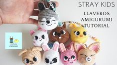 small crocheted animal keychains are displayed in front of a white background