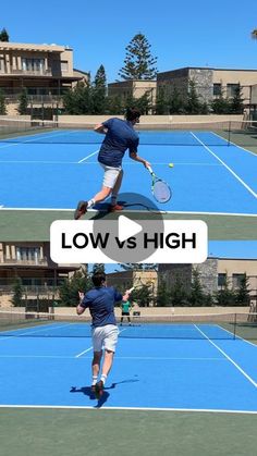 two men playing tennis on a blue court with the words low vs high above them