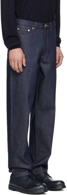 Tapered wide-leg stretch denim jeans. · High-rise · Belt loops · Five-pocket styling · Zip-fly · Logo engraved silver-tone hardware · Contrast stitching in tan Supplier color: Indigo Fly Logo, Leg Stretching, Silver Engraving, High Rise Jeans, Contrast Stitch, High Jeans, Dark Navy, A P, Stretch Denim