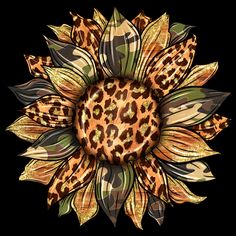 an animal print sunflower with leaves and leopard spots on the petals is featured against a black background