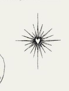 an ink drawing of a star with a heart in the middle, and another line drawing of a sunburst