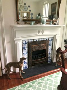 two dogs standing in front of a fireplace with blue and white tiles on the mantle