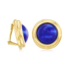 Ross-Simons - C. 1970 Vintage Blue Enamel Round Clip-On Earrings in 18kt Yellow Gold. C. 1970. Our eye-catching Estate earrings feature a dramatic backdrop of glossy cobalt blue enamel framed in 18kt yellow gold. The perfect finishing touch to any outfit, just clip on this pretty pair and go! 18kt yellow gold and blue enamel clip-on earrings. Exclusive, one-of-a-kind Estate Jewelry. Vintage Enamel Clip-on Earrings For Evening, Vintage Yellow Gold Metal Clip-on Earrings, Luxury Vintage Enamel Clip-on Earrings, Vintage Gold Enamel Clip-on Earrings, Vintage Gold Clip-on Earrings With Black Enamel, Enamel Jewelry, Cobalt Blue, Estate Jewelry, Clip On Earrings