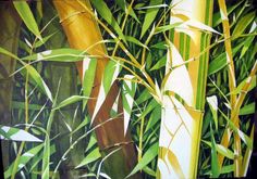 an oil painting of bamboo stalks in the wild with green foliage and white sky behind them