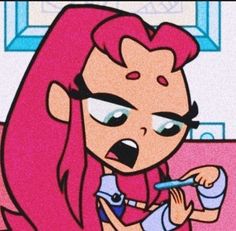 a cartoon character with pink hair brushing her teeth